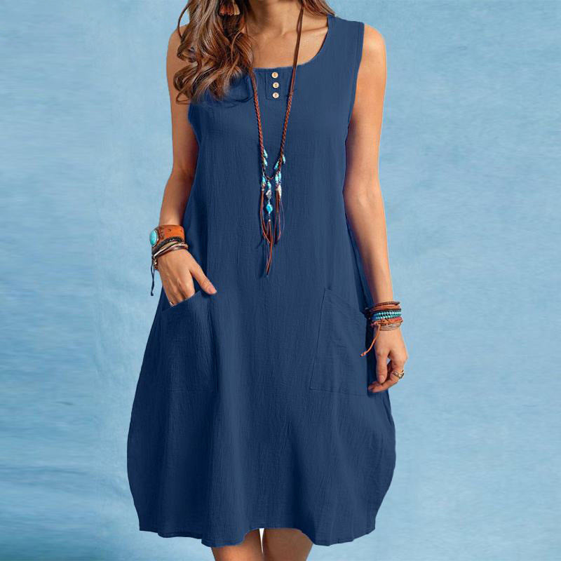 Spring And Summer Women Cotton Loose Casual Solid Color Sleeveless Dress