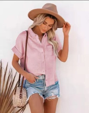 Blusa informal de manga corta con botones y nudo para mujer, color liso, a la moda