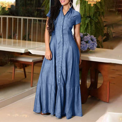 Women Fashion Casual Shirt Collar Pocket Large Dresses Denim Maxi Dress