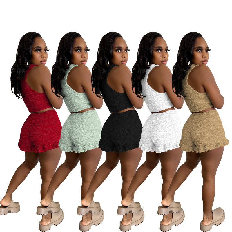 Fashion Women Casual Solid Color Plush Tank Top And Ruffled Shorts Set