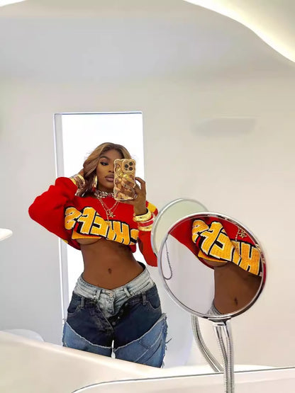 Autumn Winter Casual Street Fashion Letter Color Contrast Fashion Knitted Crop Sweater