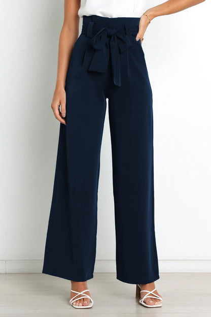 Pantalones casuales de cintura alta con lazo y cordones de color liso a la moda para mujer