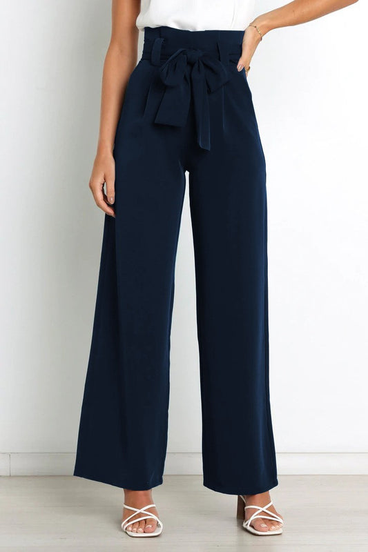Pantalones casuales de cintura alta con lazo y cordones de color liso a la moda para mujer
