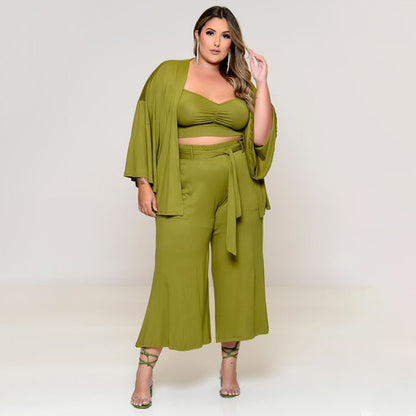 Conjunto de tres piezas de chaqueta y pantalón informal holgado de talla grande de color liso para mujer