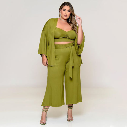 Conjunto de tres piezas de chaqueta y pantalón informal holgado de talla grande de color liso para mujer