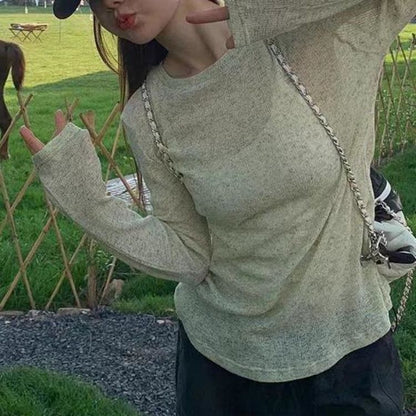 Women Fashion Casual Solid Color Round Neck Long Sleeve Top