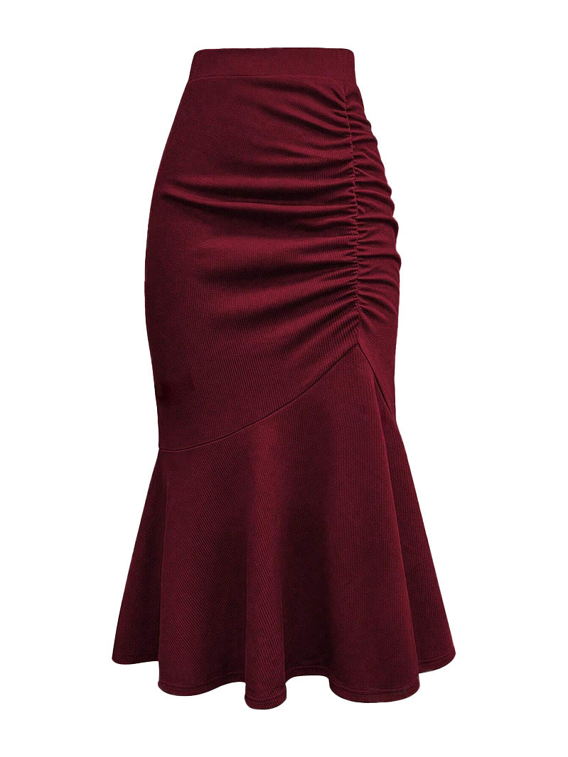 Women Casual Simple Solid Color Pleated High Waist Fishtail Wave Skirt