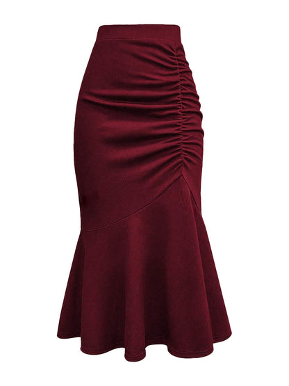 Women Casual Simple Solid Color Pleated High Waist Fishtail Wave Skirt
