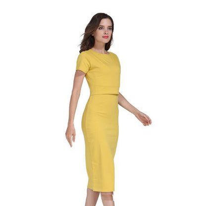 Summer Pregnant Women Casual Solid Color Elastic Slim Round Neck Short Sleeve Nursing Dress