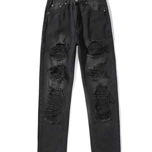 Vaqueros de cintura alta para mujer, de color liso, rotos, informales, a la moda