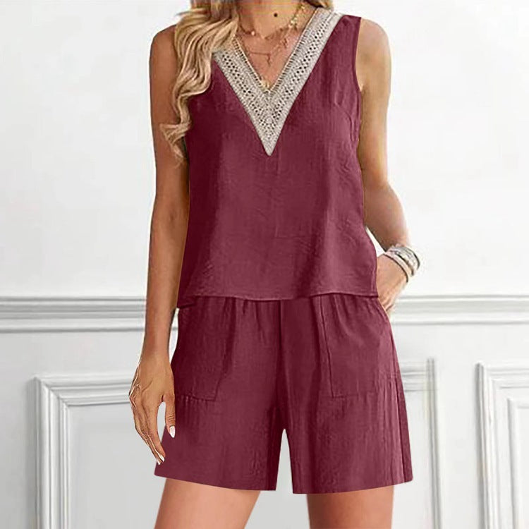Conjunto informal de 2 piezas de top y pantalones cortos sin mangas con cuello en V de lino y algodón para mujer