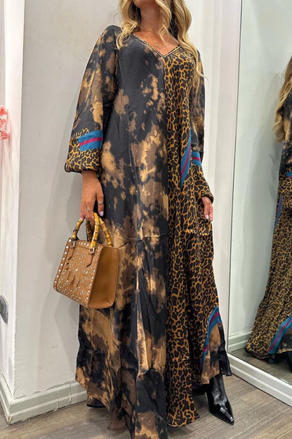 Women Casual Loose V-Neck Leopard Print Long Sleeve Maxi Dress
