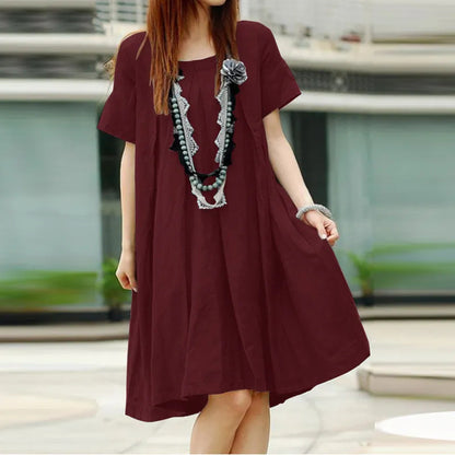Vestido holgado informal de manga corta con pliegues para mujer