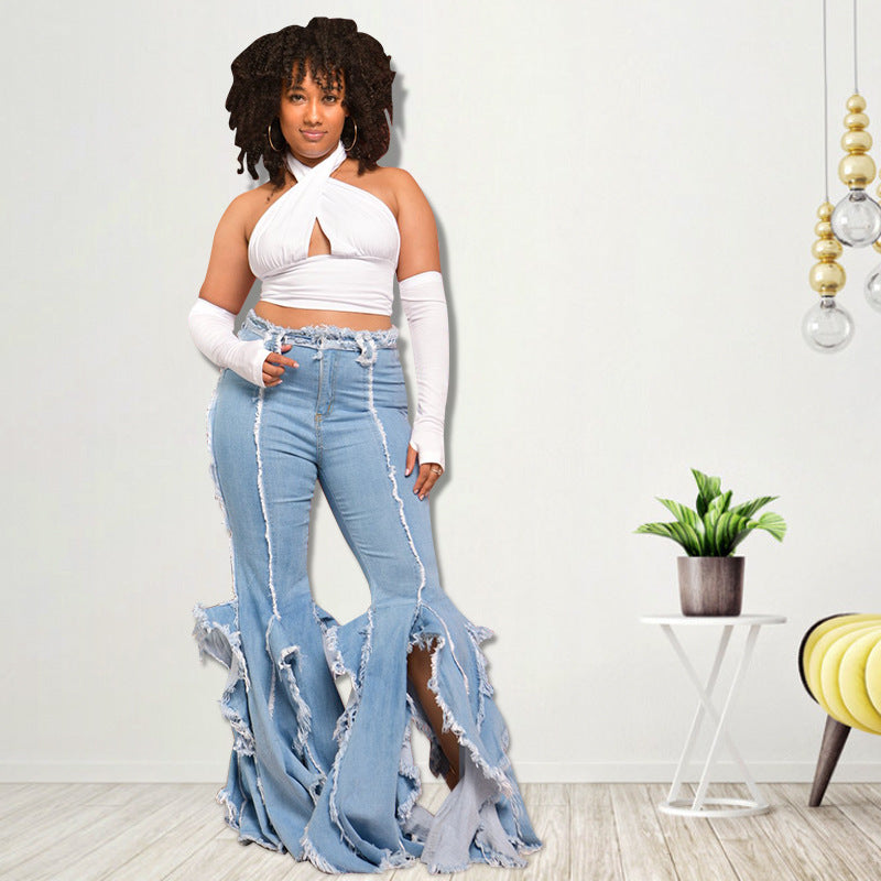 Pantalones acampanados informales con dobladillo sin rematar y rotos para mujer