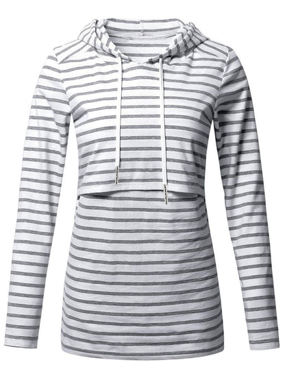 Maternity Casual Stripe Printed Long Sleeve Hooded Breastfeeding Top
