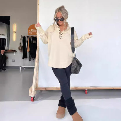 Sudadera informal de color liso con botones gruesos para mujer