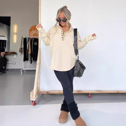 Women Fashion Casual Solid Color Thick Button Sweatshirt