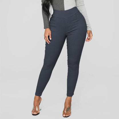 Casual Women Plus Size Basic Solid Color High Waist Pocket Skinny Pants
