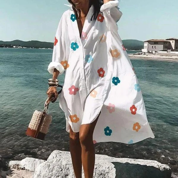 Women Casual Long Sleeves Summer Fashion Lapel Single-breasted Shirt Dress