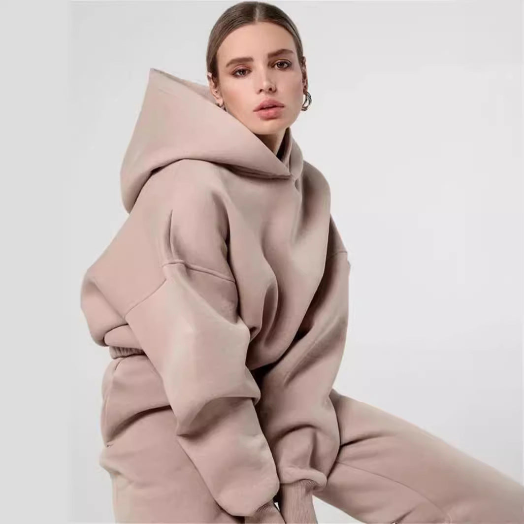 Autumn And Winter Fashion Athleisure Solid Color Hoodie Casual Pants Two-Piece Set