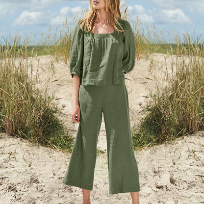 Conjunto de top y pantalón de lino y algodón de color liso informal a la moda para mujer