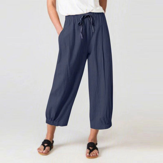 Women'S Fashion Casual Cotton Linen Loose Drawstring Cropped Pants