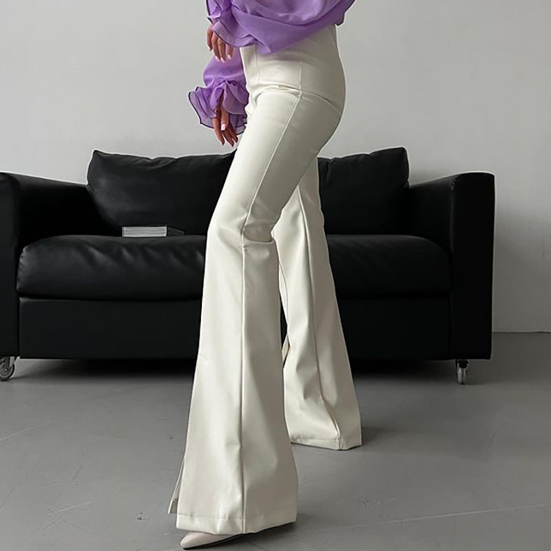 Women Solid Color High Waist PU Leather Casual Flared Pants