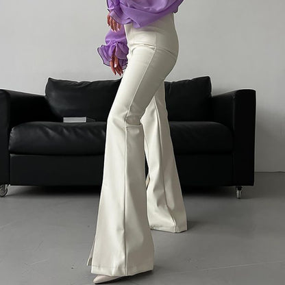 Women Solid Color High Waist PU Leather Casual Flared Pants