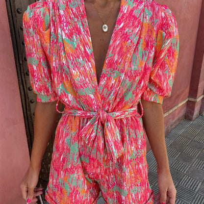 Women Fashion Casual Deep V-Neck Lapel Puff Sleeves Printing Bandage Rompers