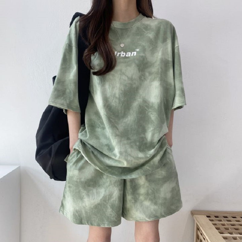 Conjunto deportivo informal de dos piezas para mujer, camiseta de manga corta con efecto tie-dye y pantalones cortos holgados