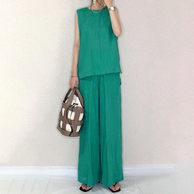 Conjunto de dos piezas formado por top y pantalón sin mangas, informal, de color liso, para mujer