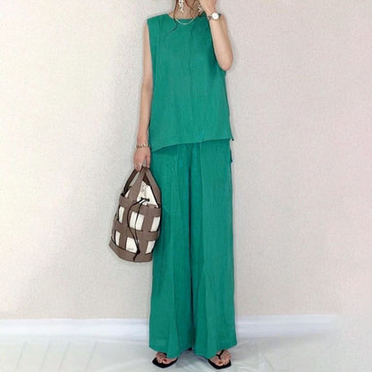 Conjunto de dos piezas formado por top y pantalón sin mangas, informal, de color liso, para mujer