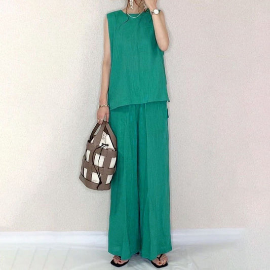Conjunto de dos piezas formado por top y pantalón sin mangas, informal, de color liso, para mujer