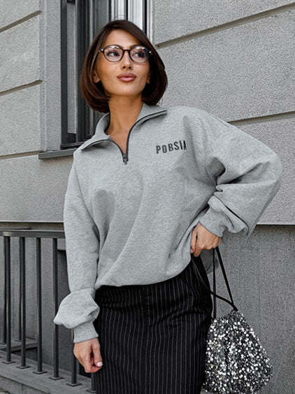 Sudadera informal con cremallera y solapa estampada con letras para mujer