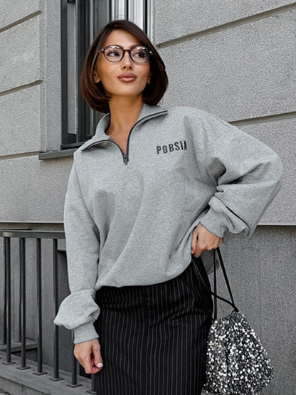 Sudadera informal con cremallera y solapa estampada con letras para mujer