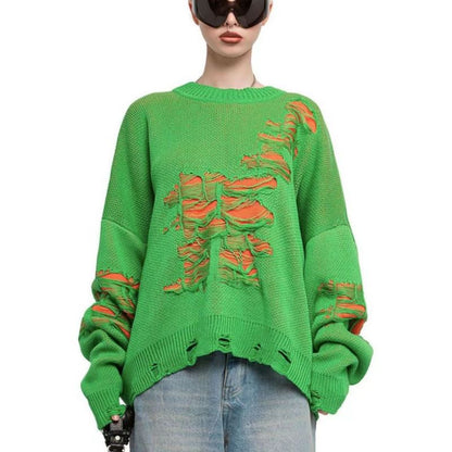 y2k Winter Street Fashion Women Casual Loose Ripped Color-Matching Long-Sleeved Knitted Sweater