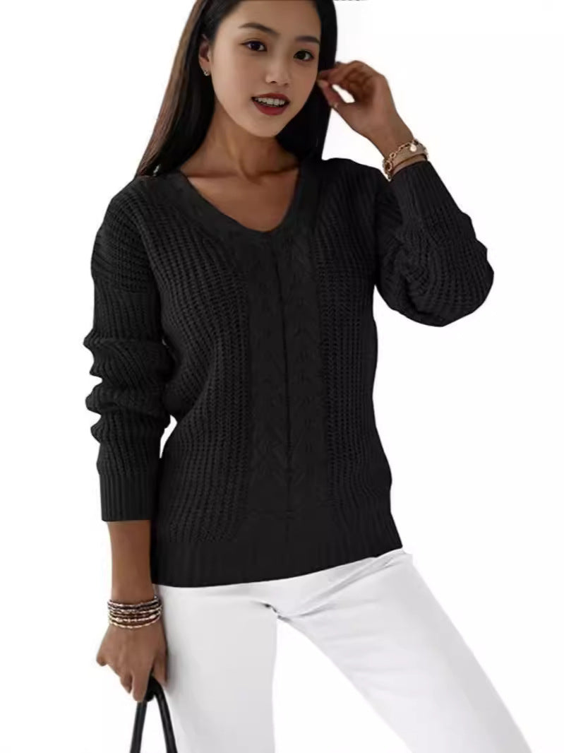 Women Fashion Casual V-Neck Long Sleeve Solid Color Knitted Sweater