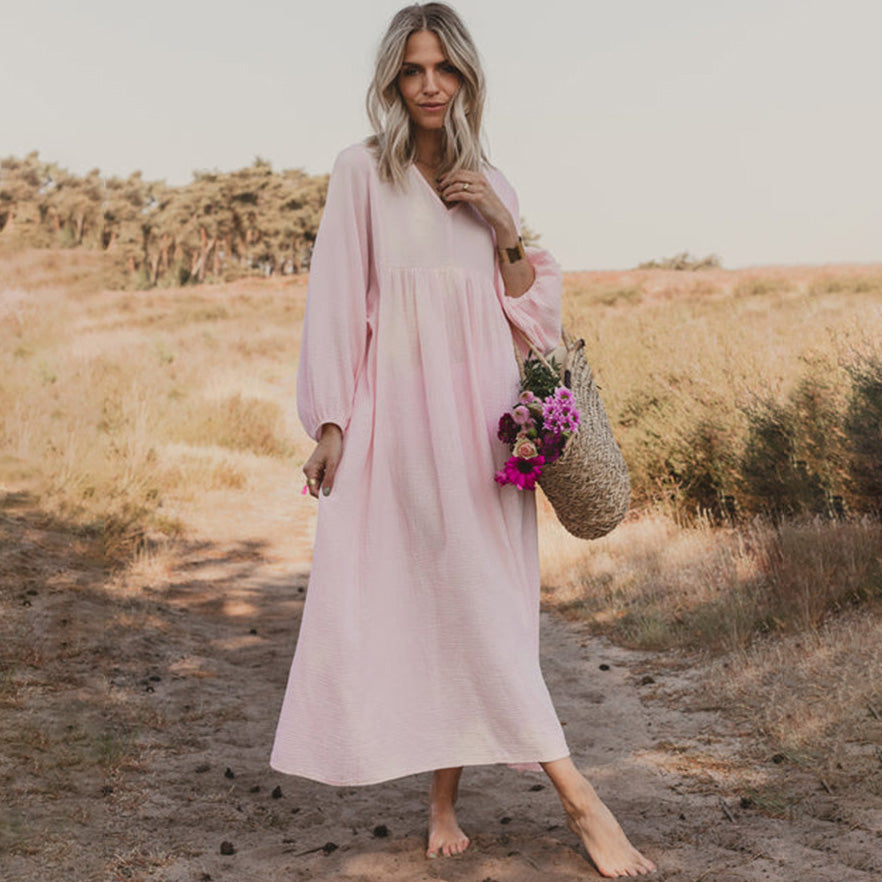 Vestido holgado informal de color liso con escote en V y mangas abullonadas para mujer