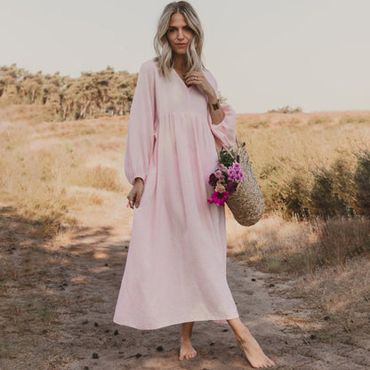 Vestido holgado informal de color liso con escote en V y mangas abullonadas para mujer