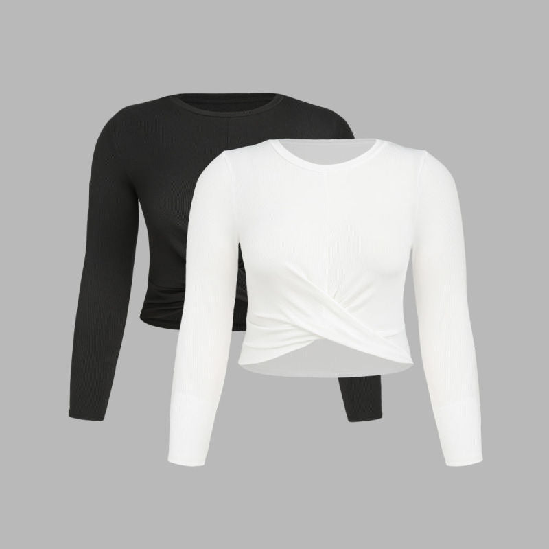 Women Fashion Casual Solid Color Long Sleeve Plus Size Crop Top