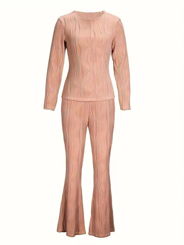 Conjunto de dos piezas de camiseta y pantalones holgados de manga larga con estampado de ondas de color liso y talla grande para mujer
