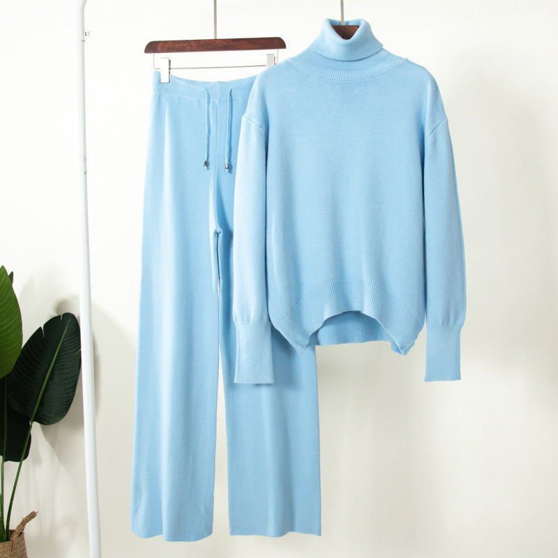 Suéter de punto de cuello alto de color liso para mujer, conjunto de dos piezas con pantalones anchos informales para otoño e invierno