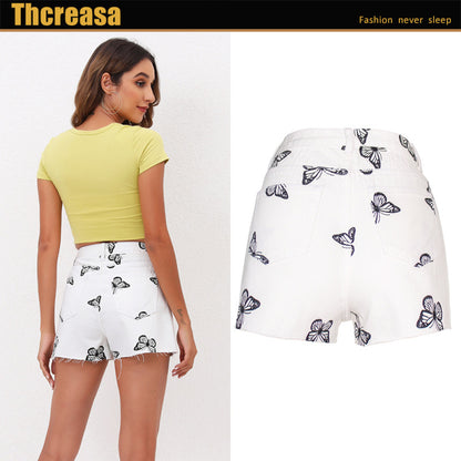 Women Fashion Casual Butterfly Printing High Waist Denim Shorts