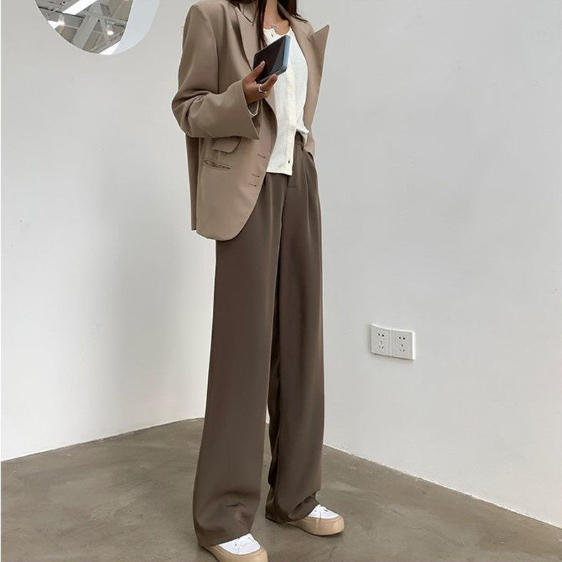 Women Fashion High Waist Casual Solid Color Straight Leg Pants