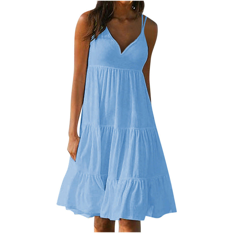 Vestido holgado informal de verano para mujer, con escote en V y tirantes finos, color liso