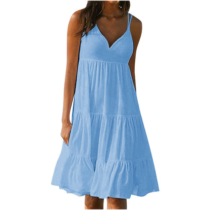 Vestido holgado informal de verano para mujer, con escote en V y tirantes finos, color liso