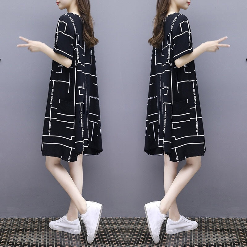 Women Fashion Casual Line Printing Short Sleeve Loose Dress