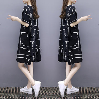 Women Fashion Casual Line Printing Short Sleeve Loose Dress