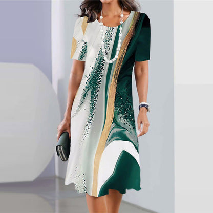 Vestido informal de manga corta con cuello redondo y estampado geométrico para mujer