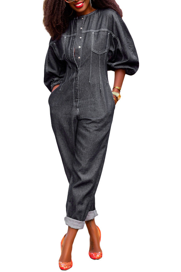 Women Fashion Casual Loose Long Sleeve Single Breasted Denim Jumpsuits
